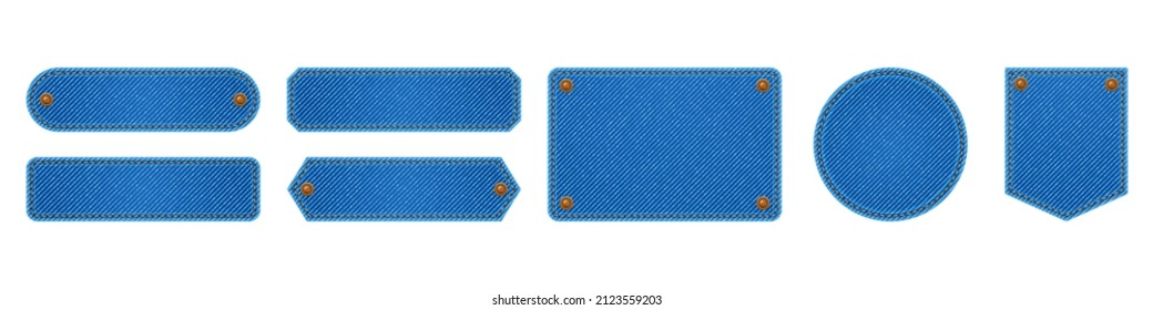 Denim cloth patches, labels with blue jean fabric texture. Vector illustration of fashion tags from blue canvas material with yellow stitches and rivets isolated on white background