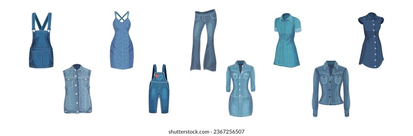 Denim Clothes and Blue Jeans Wear Vector Set
