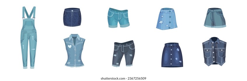 Denim Clothes and Blue Jeans Wear Vector Set