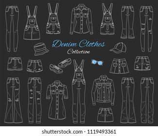 Denim clothes collection. Different types of jeans pants, jeans jacket, shirt, shorts, skirts, overalls, cap and sneakers, isolated on chalkboard background, sketch vector illustration.