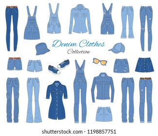 Denim clothes collection. Different types of blue jeans pants, jeans jacket, shirt, shorts, skirts, overalls, cap and sneakers, isolated on white background, sketch vector illustration.