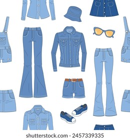 Denim clothes collection. Different types of blue jeans pants, jeans jacket, shirt, shorts, skirts, overalls, hat and sneakers, vector seamless pattern background