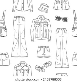 Colección de denim. Diferentes tipos de pantalones vaqueros, jeans chaqueta, camisa, pantalones cortos, faldas, overoles, sombrero y zapatillas de deporte, ilustraciones de línea, Vector sin patrón de fondo