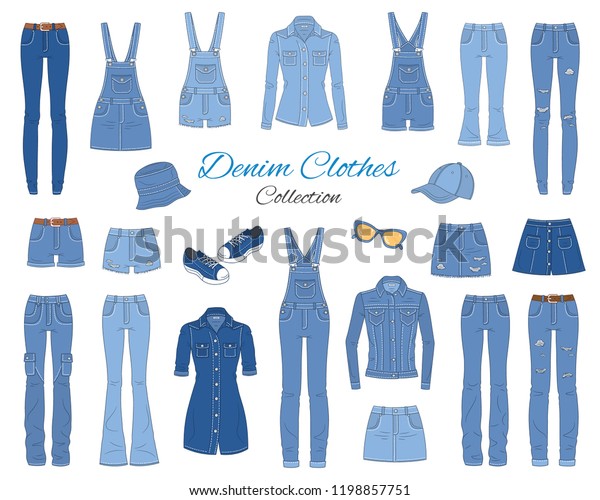 デニム服のコレクション 白い背景に青いジーンズのズボン ジーンズ のジャケット シャツ ショートカット スカート オーバーオール キャップとスニーカー スケッチベクターイラスト のベクター画像素材 ロイヤリティフリー