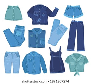 Denim clothes. Fashion jeans clothing, isolated jacket pants shirt. Overall outfit, blue fabric summer mini skirt exact vector collection