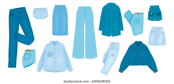 Denim clothes isolated set. Jeans style trench and skirt, pants, shirt and shorts. Trendy wear, casual fashion jacket. Cartoon outfits snugly vector clipart