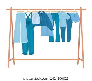 Denim clothes on hanger. Female wardrobe, various jean clothes hang. Fashion store or home wardrobe element. Blue pants, jacket and skirt snugly vector scene