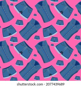 Denim clothes on a pink background, seamless pattern, texture for wallpaper and fabric, vector illustration