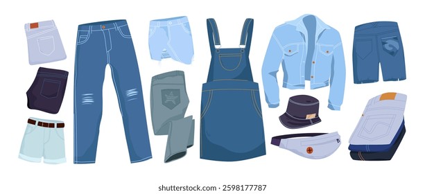 Denim clothing, casual models set. Ragged pants and folded trousers, overall and skirt, cap and unbuttoned shirt made of denim material in light and dark blue colors cartoon vector illustration