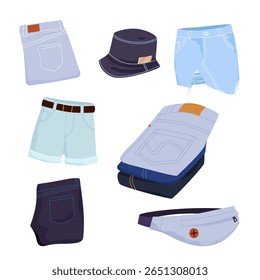 Vestuário jeans, conjunto de modelos casuais. Calça Ragged e calças dobradas, geral e saia, boné e camisa sem botões feita de material denim em cores azul claro e escuro