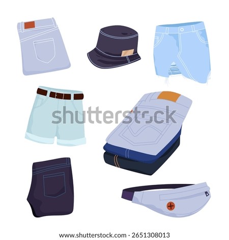 Denim clothing, casual models set. Ragged pants and folded trousers, overall and skirt, cap and unbuttoned shirt made of denim material in light and dark blue colors