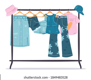 Denim clothing. Jeans garments hanging on hanger, trendy casual cotton apparel. Stylish denim wardrobe vector symbols set. Trendy, blue skirt and shorts, blouse, trousers and shirt