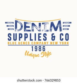 Denim Clothing print for t-shirt or apparel. Retro artwork for fashion and printing. Old school vector graphic with denim theme and typography. 
