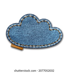 Denim cloud shape with stitches. Jeans patch with seam. Vector realistic illustration on white background.