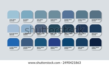 Denim Color Palette, Denim Color Guide Palette with Color Names. Catalog Samples of Blue with RGB HEX codes and Names. Dark Ocean Colors Palette Vector, Fashion Trend Denim Color shades Vector tones