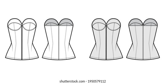 Denim corset top bustier technical fashion illustration with basque, strapless, zip-up closure, cups, fitted body. Flat apparel template front, back, white, grey color. Women, men, unisex CAD mockup