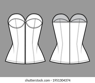 Denim corset top bustier technical fashion illustration with basque, strapless, zip-up closure, cups, fitted body. Flat apparel template front, back, white color style. Women, men, unisex CAD mockup