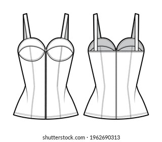 Denim corset top bustier technical fashion illustration with basque, thin straps, zip-up closure, cups, fitted body. Flat apparel template front, back, white color style. Women, men, unisex CAD mockup