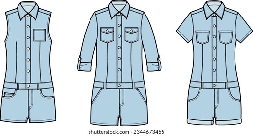 Denim coverall shorts flat sketch. Jumpsuit set apparel design. Front view. Women CAD mockup. Fashion technical drawing template. Vector illustration.