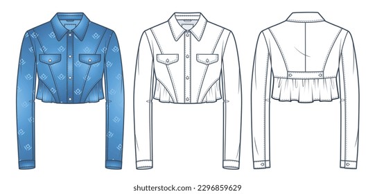 Denim Cropped Jacket technical fashion Illustration.  Jeans Jacket fashion technical drawing template, button, pocket, ruffled, floral pattern, front, back view, white, blue, women cad mockup set.