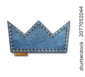 Denim crown shape with stitches. Jeans patch with seam. Vector realistic illustration on white background.