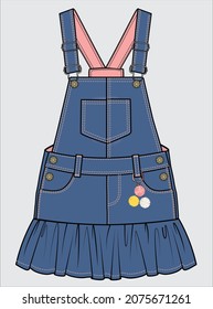 DENIM DUNGAREE WITH FRILLS AND POMPOM DETAIL FOR KID GIRLS AND TODDLER GIRLS IN EDITABLE VECTOR FILE