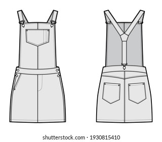 Denim Dungaree overall jumpsuit dress. Technical fashion illustration with normal mini length and high rise waist with Riveted pockets. Flat apparel front back, grey color style. Women, men unisex CAD mockup