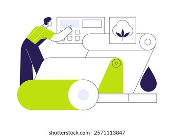 Denim dyeing abstract concept vector illustration. Process of denim dyeing into indigo color at factory, light industry, jeans production, textiles and clothing, fabric painting abstract metaphor.