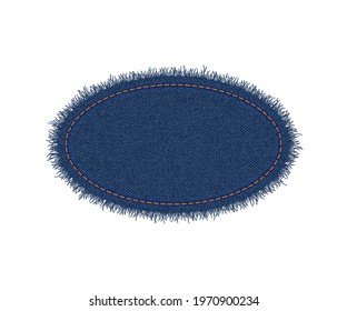 Denim ellipse shape with seam. Torn jean patch with stitches. Vector realistic illustration on white background.
