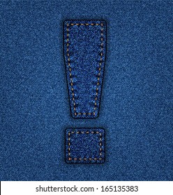Denim exclamation mark. Jeans alphabet.  Vector font with background