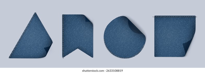 Denim fabric patches collection - blue jeans material cutouts of various shapes. Textured cotton cloth swatches with uneven edges, stitched stripe pattern. Realistic vector set for fashion design.