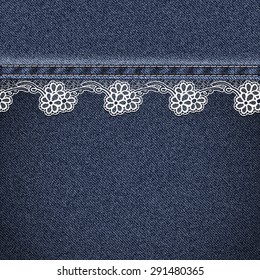 Denim fabric sewn lace ribbon. Jeans background. Vector illustration.