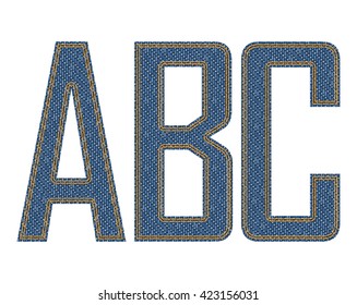 Letras cosidas de tela denim. Ilustración vectorial.