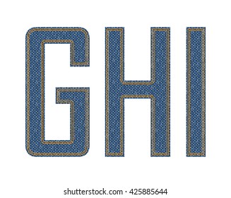 Letras cosidas de tela denim. Ilustración vectorial.