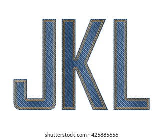 Denim fabric stitched letters. Vector illustration.