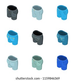 Denim fashion icons set. Isometric set of 9 denim fashion vector icons for web isolated on white background