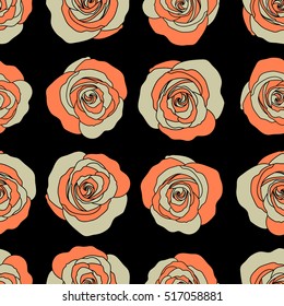 Denim floral background. Denim seamless pattern. Vector stylized roses. Blue jeans cloth. Jeans background with orange rose flowers.