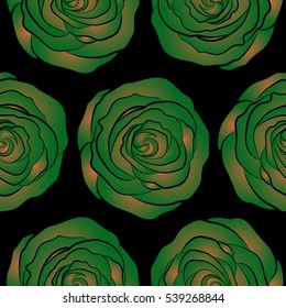 Denim floral background. Denim seamless pattern. Jeans background with orange and green rose flowers. Vector stylized roses. Blue jeans cloth.