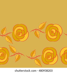 Denim floral background. Vector stylized roses. Jeans background with red, orange and yellow rose flowers. Denim seamless pattern. Blue jeans cloth.