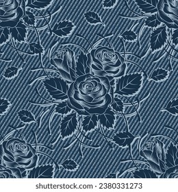 Denim floral seamless pattern with bouquet of roses. Lush blooming flowers with tendril, scattered leaves on blue jeans texture. Monochrome inverted negative illustration.