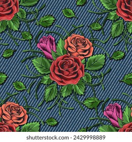 Denim floral seamless pattern with bouquet of roses. Lush blooming red, orange flowers with tendril, scattered leaves on blue jeans texture. For prints, clothing, apparel, surface design Vintage style