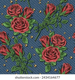 Denim floral seamless pattern with bouquet of roses, scattered gold beads. Lush blooming red flowers on blue jeans texture. For prints, clothing, apparel, surface design Vintage style