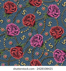 Denim floral seamless pattern with buds of roses. Flowers with golden chains, scattered golden dollar signs on blue jeans texture. For prints, clothing, t shirt, surface design Vintage style