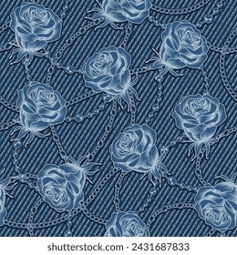 Denim floral seamless pattern with buds of roses. Flowers with chains on blue jeans texture. For prints, clothing, t shirt, surface design. Monochrome inverted negative illustration. Vintage style