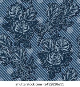 Denim floral seamless pattern with lush blooming roses on blue jeans texture. For prints, clothing, apparel, surface design Vintage style. Not AI