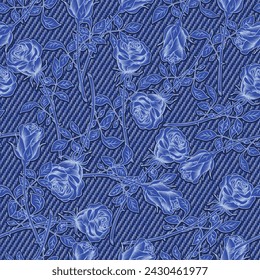 Denim floral seamless pattern with roses. Lush blooming flowers with stem, leaves on blue jeans texture. Outline, inverse, negative illustration. For prints, clothing, t shirt, surface design. Not AI