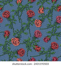 Denim floral seamless pattern with roses. Lush blooming red, orange flowers with stem, leaves on blue jeans texture. For prints, clothing, t shirt, surface design. Vintage style. Not AI