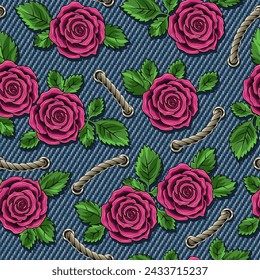 Denim floral seamless pattern with roses, rope lacing. Lush blooming pink flowers with leaves on blue jeans texture. For prints, clothing, t shirt, surface design Vintage style Not AI