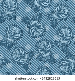 Denim florales nahtloses Muster mit verstreuten Rosenknospen. Üppig blühende rote, rosa Blüten auf blauer Jeans-Textur mit Polka-Punkt-Ornament. Für Drucke, Kleidung, Bekleidung, Oberflächendesign Vintage-Stil