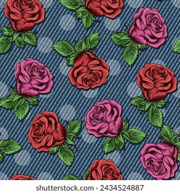 Denim floral seamless pattern with scattered buds of roses. Lush blooming red, pink flowers on blue jeans texture with polka dot ornament. For prints, clothing, apparel, surface design Vintage style